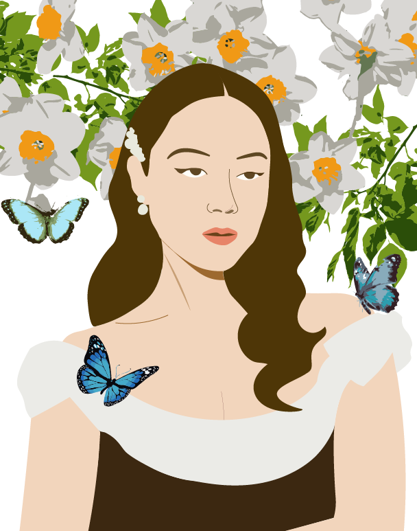 Illustration of Laufey surrounded by white flowers